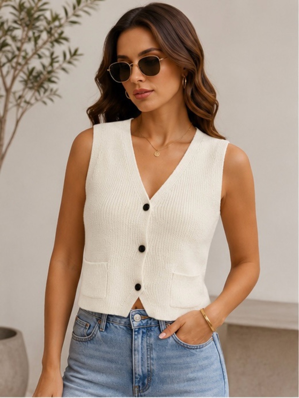 Women’s Cream Knit Button Vest - Casual Sweater Vest
